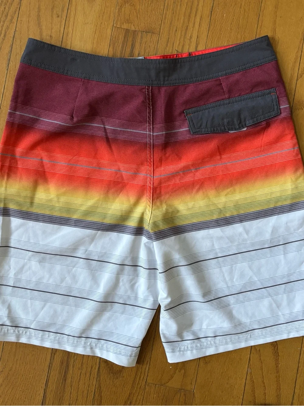 Trinity Ombre Stripe Board Shorts in Maroon, Red, Yellow, White